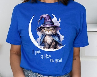 Cute Cat Wizard T-shirt Witchy Moon Spooky Season Gift for Halloween witches Spell Cat Lovers Gift Magical Wizard Magic Cat Mom Trendy Shirt