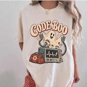 Code Boo Halloween sjuksköterska boxig t-shirt, överdimensionerad retro spöktröja, läskig medicinsk arbetare grafisk topp, sjukvårdsgåva