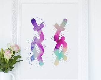 Chromosome Pair Watercolor Art - Genetic counselor art | genetic counselor gifts | science gifts | genetics art | medical art
