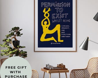 Póster Hopecore / Impresión de arte mural abstracto inspirador / Póster moderno de amor propio y bienestar mental / Permiso para existir