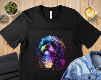 May include: A black t-shirt with a colorful graphic of a fluffy dog's face. The dog's fur is a mix of blue, purple, pink, and yellow.