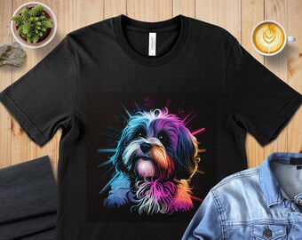 May include: Black t-shirt featuring a colorful illustration of a dog with a vibrant, neon-like design. The dog's fur is depicted in shades of blue, purple, pink, and yellow against a black background. A small plant and a cup of coffee are visible.
