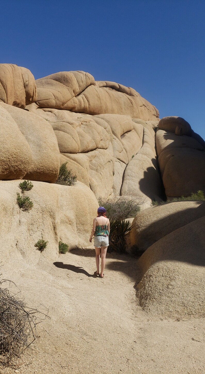 Peut inclure: Une personne portant un d&eacute;bardeur &agrave; motifs vert et blanc et un chapeau violet marche sur un sentier dans un paysage d&eacute;sertique. Le sentier est entour&eacute; de gros rochers couleur sable.