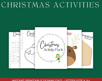 Puede incluir: Un paquete de actividades navideñas imprimible con cinco actividades diferentes: una búsqueda de palabras, una página para colorear de adornos, una página para colorear de renos, una página para colorear de casas de jengibre y una actividad de luces navideñas. El paquete está diseñado para tamaño carta y A4.