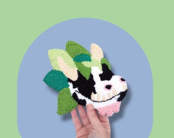 Cute Cowplant Inspired Punch Needle Mug Rug / Keychain / Tote Bag Whimsical Gamer Coaster, Cosy Desk Decor Gift life Sim game