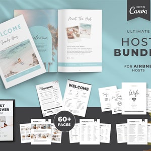 Airbnb Beach Host Bundle | Editable Canva Template | Beach Airbnb Welcome Book | Airbnb Sign Bundle | Simple | Blue | Coastal VRBO Rental