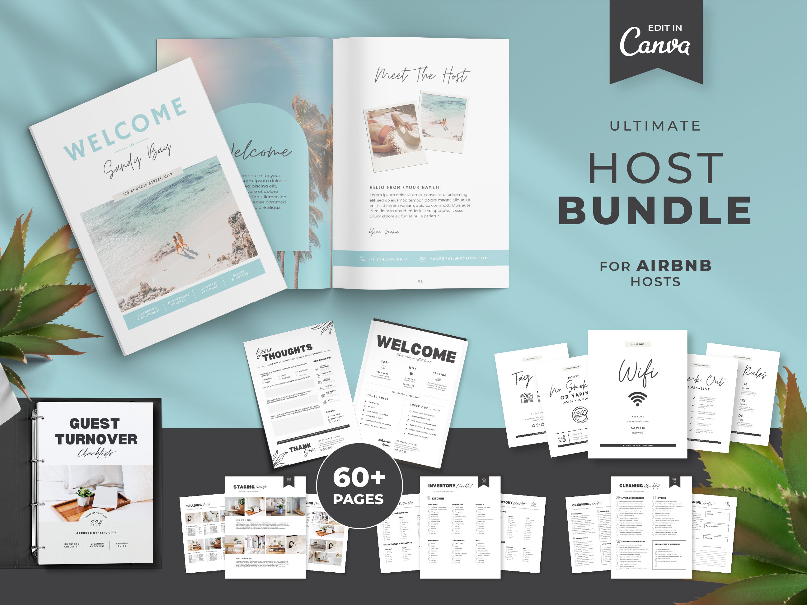 Airbnb Beach Host Bundle | Editable Canva Template | Beach Airbnb Welcome Book | Airbnb Sign Bundle | Simple | Blue | Coastal VRBO Rental