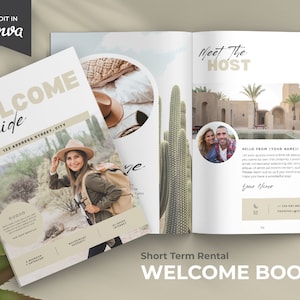 May include: A welcome guide for short-term rentals with a photo of a woman in a desert landscape. The guide includes information about the host, the property, and the local area. The text on the cover reads "Welcome Guide" and "123 Address Street, City".