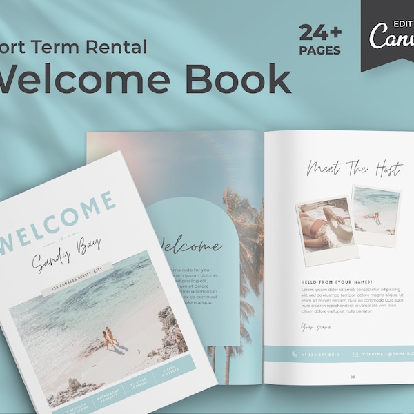 Modello spiaggia per libro di benvenuto Airbnb / Tema spiaggia / Guida per la casa Airbnb Canva / Guida Airbnb / Libro degli ospiti VRBO / Casa vacanza sulla spiaggia