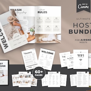 May include: A set of printable templates for Airbnb hosts, including welcome guides, house rules, guest turnover checklists, and more. The templates are designed in a minimalist style with black text on a white background. The text includes phrases like "Welcome", "House Rules", "Guest Turnover Checklists", "Tag", "WiFi", "Check Out", and "Trash Recycling".
