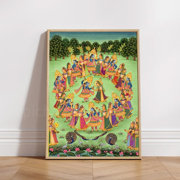 Krishna Raas Vrindavan Indian Pichwai Krishna Artwork Wall Art Home Decor Interior Gallery Contemporary Traditional Art Housewarming Gift