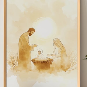 Watercolor Nativity Art Print: Warm Tones Christmas Decor (Digital)
