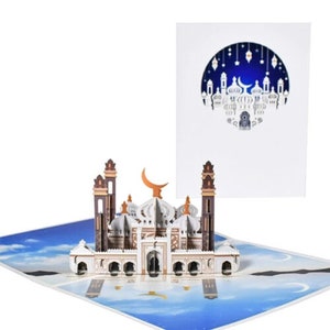 1x Cartão Pop-Up Eid de Luxo Azul Cartões Premium Eid Mubarak Presentes Presente Eid Único Luxuoso com Envelope Cartão Pop Up Impressionante 99p Postagem!