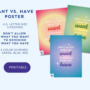 Póster de gratitud imprimible / Tamaño carta de EE. UU. / Lo que quieres versus lo que tienes / 3 colores / Descarga digital