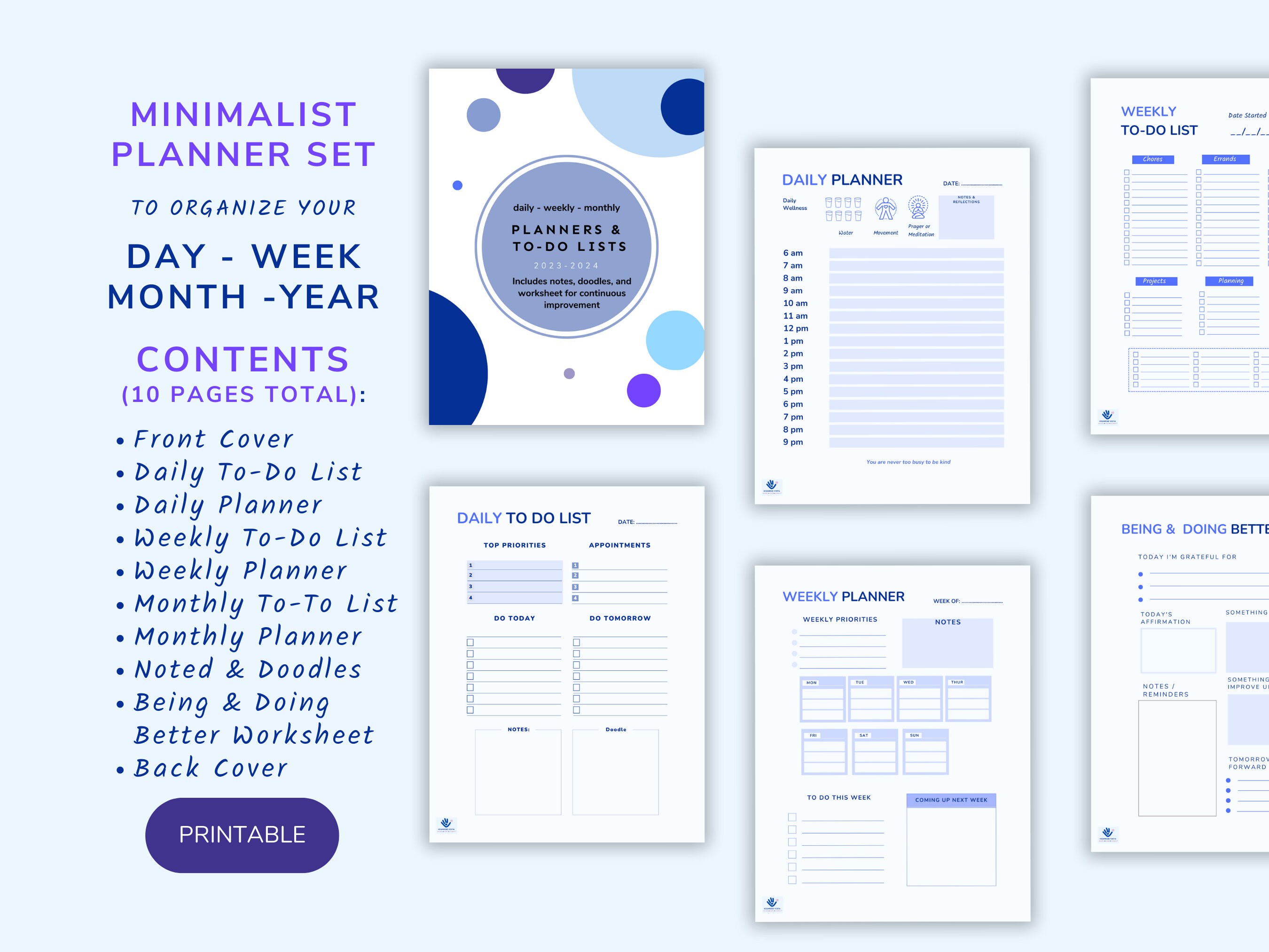 Minimalist Printable Planners and To-do Lists | Daily, Weekly, Monthly + Notes, Worksheet | 2023 ...