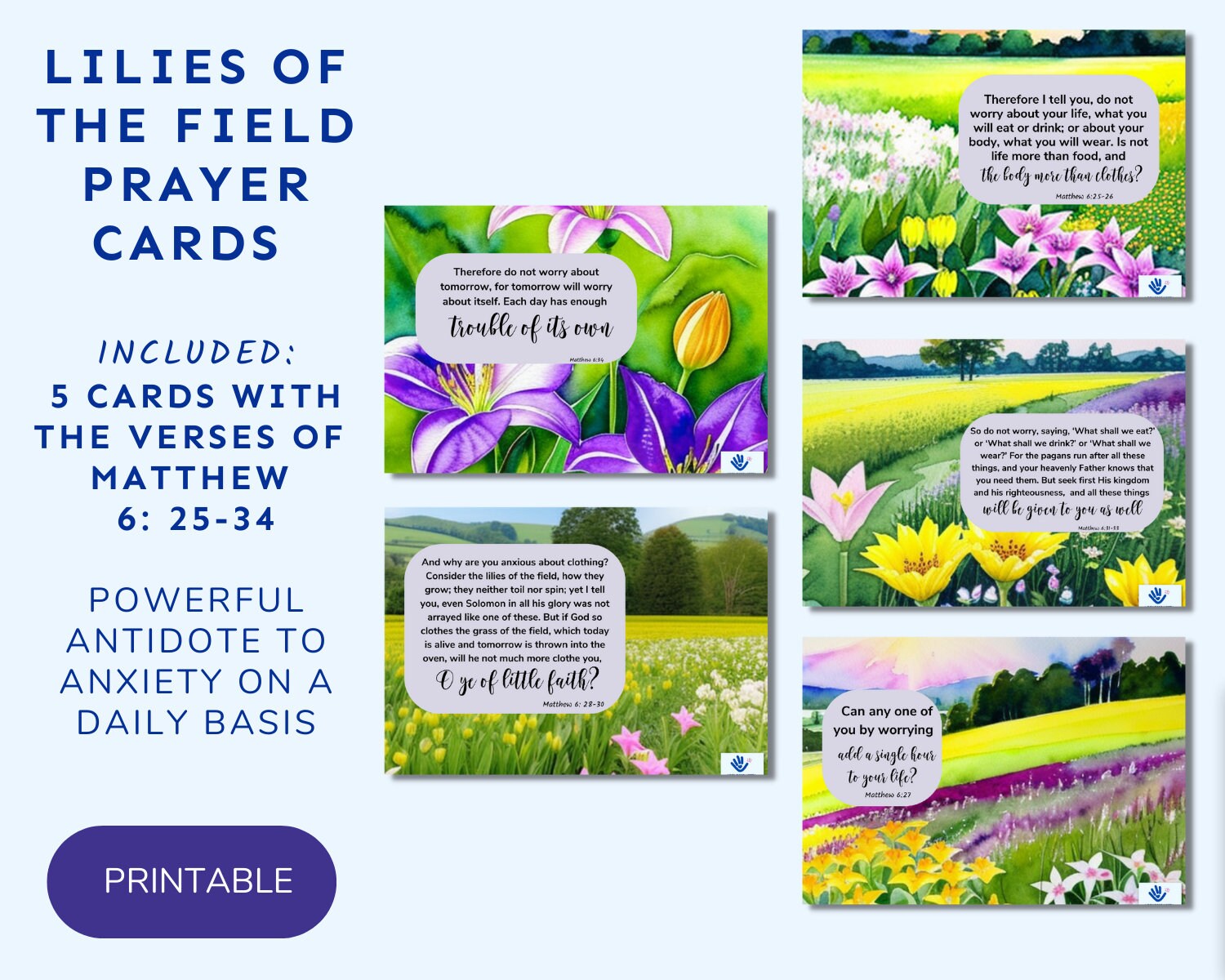 Printable Prayer Cards Prayer Cards for Anxiety Printable 5.5 X 4.25 Lilies of the Field Matthew ...