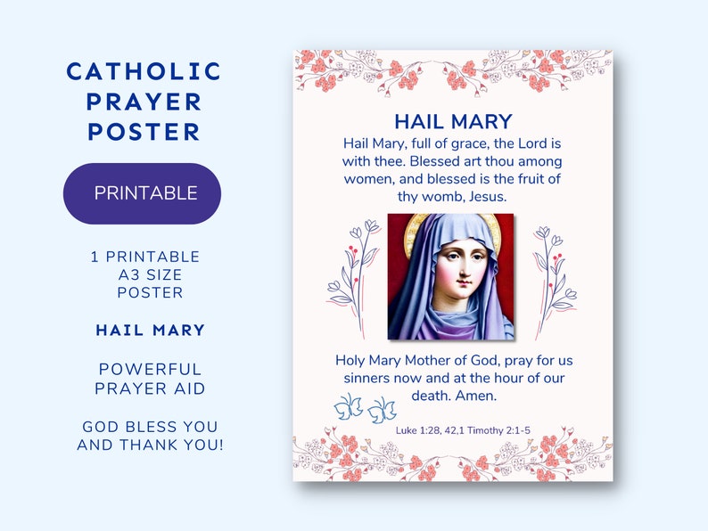 Hail Mary Prayer Poster | Printable | A3 11.7 X 16.5 | Catholic Prayers ...