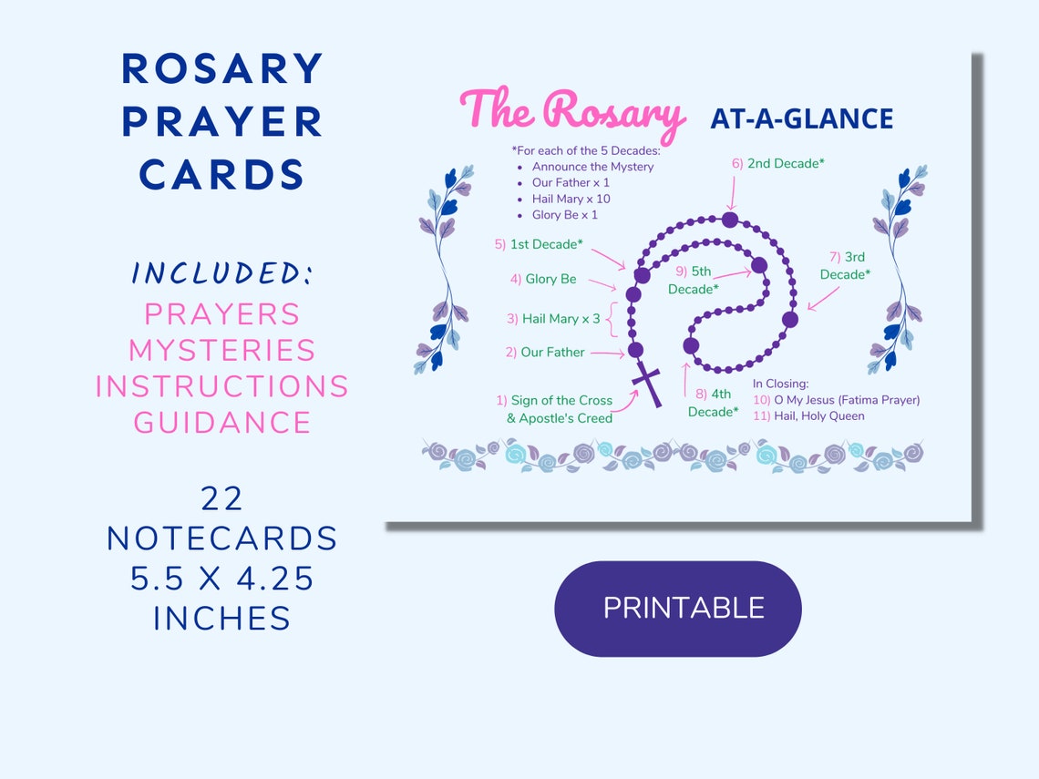 Printable Rosary Prayer Card Set: 20 Colorful Notecards With Prayers, Instructions &amp; Scripture ...
