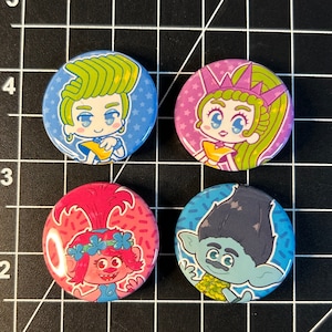 Trolls Velvet and Veneer, Poppy and Branch Button Pin Badges