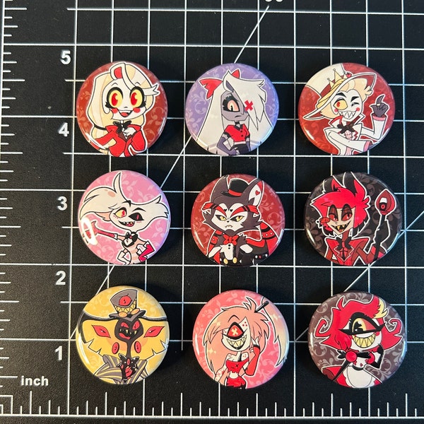 Hazbin Hotel Button Pin Badges (Alastor, Angel Dust, Charlie, Cherri Bomb, Husk, Lucifer, Niffty, Sir Pentious, and Vaggie)