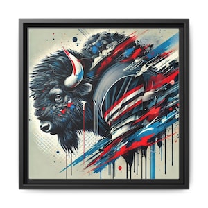 May include: Abstract art print featuring a stylized bison with red, white, and blue paint splatters and drips. The bison's head is in profile, and the paint splatters create a dynamic and energetic composition.