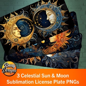 Celestial Sun and Moon License Plate: 3 PNG Sublimation Designs (Digital Download)