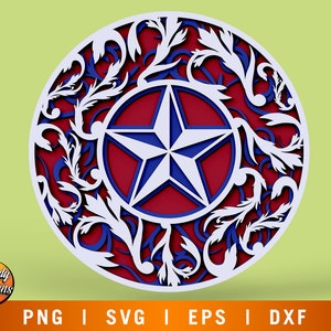May include: A layered, circular design featuring a white star within a red circle, surrounded by blue and white floral patterns. The design includes the text "PNG | SVG | EPS | DXF" at the bottom, with the "Rowdy Designs" logo in the lower left corner.