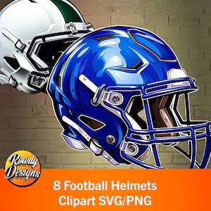 May include: Two football helmets, one blue and one white with green accents, are shown against a brick wall background. The blue helmet is in focus and the white helmet is partially visible in the background. The text "8 Football Helmets Clipart SVG/PNG" is at the bottom of the image.