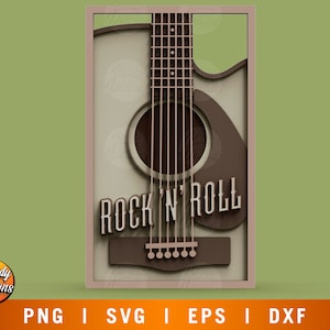 Rock'n'Roll gitaar meerlaags, gitaar SVG, meerlaagse SVG, 3D-laag, multiplex snijden, papier knippen, Mandala SVG, muziek Cricut