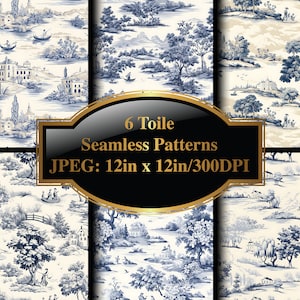 Toile Naadloze Patronen, Toile Digital Paper, French Digitals, Toile Achtergrond, Toile Digital, Stencil sjablonen en transfers, Set van 6