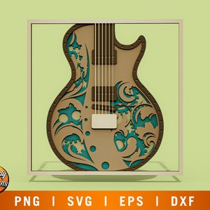 Gitaar meerlaagse SVG, schaduwdoos, woondecoratie, 3D-laag, papier snijden, SVG, snijmachine bestanden bestand, 3D mandala multiplex, handgemaakt cadeau