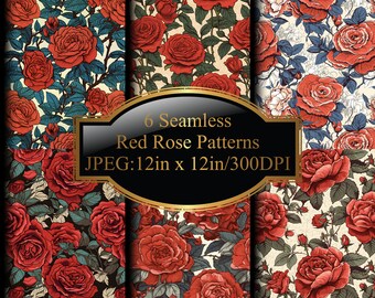 6 seamless Red Rose digital papers • scrapbook paper • printable paper • digital paper pack • Red Rose background