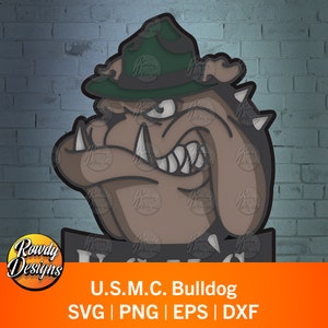 Könnte beinhalten: Ein Cartoon-Bulldog, der einen grünen Militärhut auf einem weißen Hintergrund trägt. Der Bulldog hat einen grimmigen Ausdruck und trägt ein schwarzes Halsband mit Stacheln. Der Text "U.S.M.C. Bulldog" befindet sich unter dem Bild.