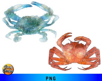 Watercolor crabs, digital download, PNG file, crab wall art, animal art, home decor, design asset, coastal wall art, set of 2, sublimation