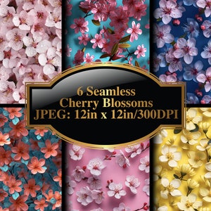 6 seamless cherry blossom patterns • Six High-Quality JPG Images • 3D cherry blossom patterns for your DIY projects