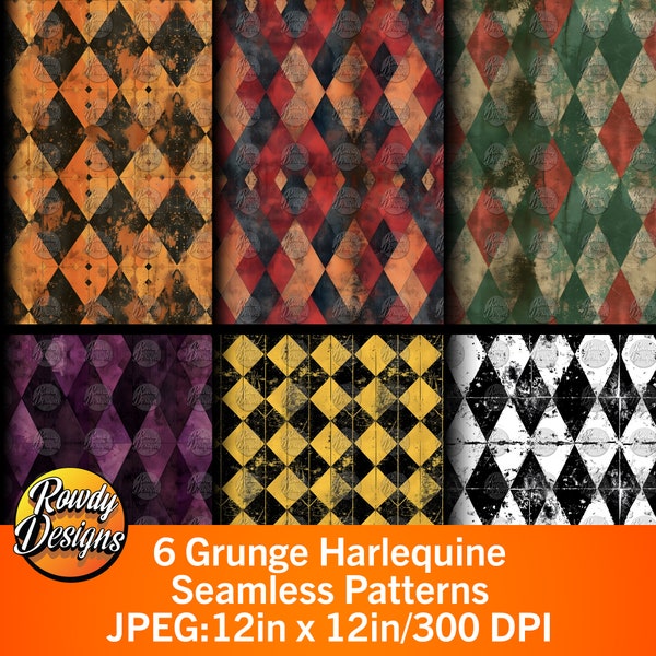 Grunge Harlequin Seamless Patterns, Harlequin Paper, Background Papers, Scrapbook Papers, Set of 6