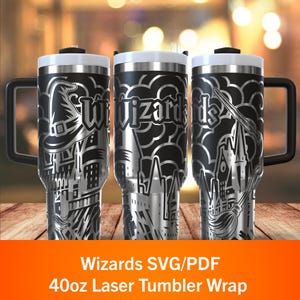May include: Three stainless steel tumblers with black handles and lids. Each tumbler features a unique laser-etched design with the word "Wizards" and related imagery. The tumblers are approximately 1.18 liters in size.