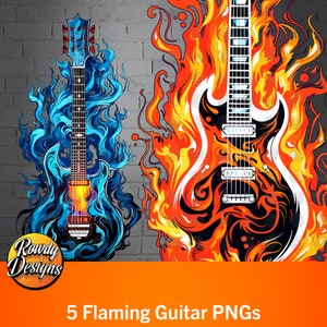 Flaming Guitar Clipart, Guitar clipart, Electric Guitar Art, Instrument clipart, Punk Rock Clipart, unique clipart, set of 5
