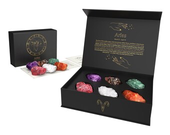 Aries Zodiac Crystals Gift Set Zodiac Signs Healing Crystals Birthstones Real Crystals with Personalized Horoscope Box