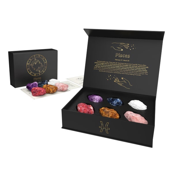 Pisces Zodiac Crystals Gift Set Zodiac Signs Healing Crystals Birthstones Real Crystals with Personalized Horoscope Box