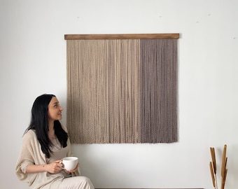 Beige Taupe Fiber Wall Art, Minimalist Japandi Textured Yarn Decor, Gradient Handmade Square Macrame Wall Hanging, Textile Tapestry