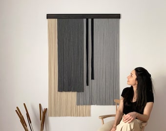 Grey Charcoal Fiber Wall Art, Minimalist Vertical Macrame Wall Hanging, Modern Neutral Scandinavian Yarn Decor, Handmade Tapestry