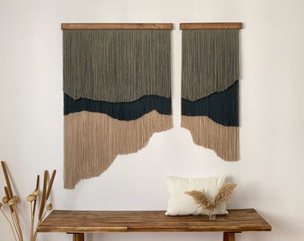 Large Two Piece Green Shades Fiber Art Wall Hanging, Water Wave Macrame Decor with Curly Thread, Abstract Unique Headboard for Modern Rooms
