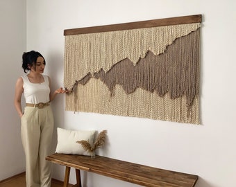 Large Layered Beige Shades Fiber Art Wall Hanging, Natural Wide Tapestry with Curly Thread, Minimalist and Abstract Wabi Sabi Unique Decor