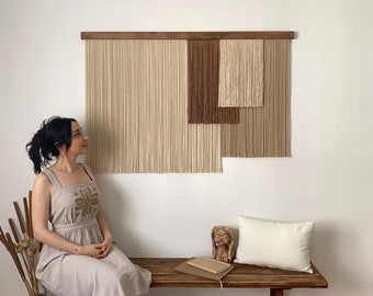 Large Layered Sand and Earth Tone Geometric Yarn Tapestry Home Decor, Contemporary Soft Color Macreme Fiber Art Wall Hanging for Modern Room