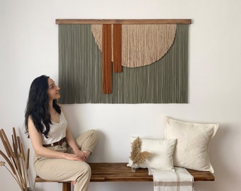 Macrame Fiber Art Wall Hanging with the Leaves Tones that Change Color in Fall, Large Layered Aesthetic Yarn Tapestry Decor for Wide Walls