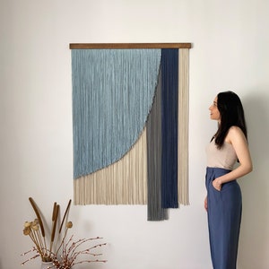 Modern Navy Blue Geometric Yarn Decor, Contemporary Indigo Macreme Large Wall Hanging, Minimalist Layered Ocean Tones Fiber Art Tapestry