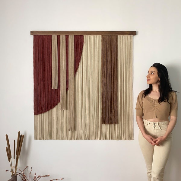 Terracotta Fiber Wall Art, Textured Layered Geometric Macrame Wall Hanging, Circular Detail Modern Yarn Decor, Handmade Textile Tapestry