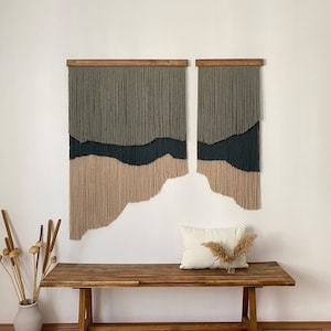Large Two Piece Green Shades Fiber Art Wall Hanging, Water Wave Macrame Decor with Curly Thread, Abstract Unique Headboard for Modern Rooms
