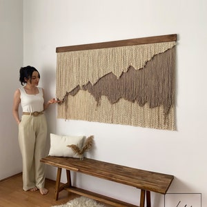 Large Layered Beige Shades Fiber Art Wall Hanging, Natural Wide Tapestry with Curly Thread, Minimalist and Abstract Wabi Sabi Unique Decor image 1